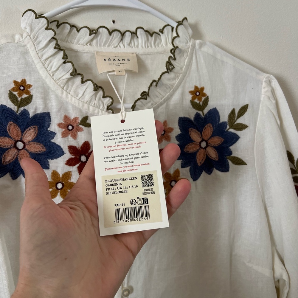 Sezane Charlene Blouse with Multicolor Floral Embroidery size 10 - Picture 3 of 4